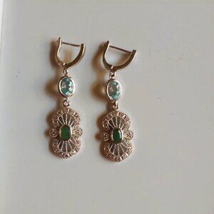 Vintage Green Jade and Blue Amethyst White Sapphires Sterling Earrings Dangle 2"